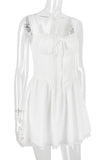 A-line White Boat Neck Tied Up Cami Backless Lace Up Pleated Embroidery Hem Mini Dresses