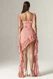 Square Neck Tiered Ruffle Sash Party Asymmetric Mini Dresses-Pink