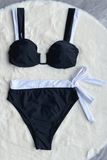 Irregular Neckline Ruched Bikini Bra Colorblock Tie Up Bikini Set-Black