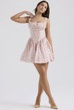 Ditsy Floral Print Sleeveless Wide Strap Corset A-Line Mini Dresses-Pink