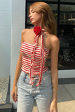 3D Flower Decor Halter Ruffled Neck Wrap Striped Sleeveless Crop Top-Red