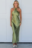 Halter Rosette Decor Open Back Slim Fit Satin Maxi Dresses-Green