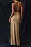 Stand Collar Backless High Slit Party Maxi Dresses-Khaki