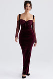 Cold Shoulder Lace Sleeve Bodycon Velvet Formal Party Maxi Dresses