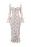 Square Neck Long Flare Sleeve Jacquard Fishtail Garden Party Maxi Dresses-White