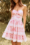 Strapless Floral Print Lace Patchwork A-Line Mini Dresses-Pink