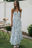 V Neck Halter Floral Print Ruffle Hem Vacation Maxi Dress