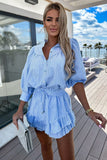 Striped Button Up 3/4 Lantern Sleeve Blouse Ruffled Mini Skirt Matching Set-Blue