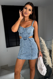 Denim Distressed Waist Cutout Slim Fit Slip Mini Dresses-Blue