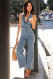 Lapel Collar Sleeveless Pocket Denim Flare Leg Jumpsuit-Blue