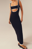 Knit Colorblock Trim Square Neck Cutout Slim Fit Backless Slip Maxi Dresses-Black