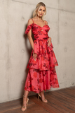 Floral Print Dropped Shoulder Tiered Hem Slip Midi Dresses-Red