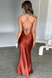 Lace Up Backless Satin Spaghetti Strap Evening Party Maxi Dresses