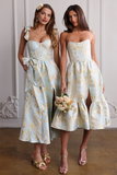 Floral Pattern Ruffled Strap Corset Tie Up Bow Slit A-Line Midi Dresses-Blue