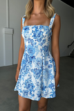 Floral Print Square Neckline Tie Up Backless Slip Mini Dresses-Blue