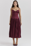 Irregular Neck Corset A-Line Pleated Hem Satin Slip Midi Dresses-Burgundy