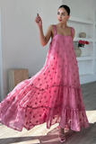 3D Flower Decor Loose Fit A-Line Ruffled Trim Maxi Slip Dresses-Pink