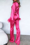 Feather Long Flare Sleeve Tied Up Crop Top 2pcs Pants Set