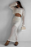 Hollow Out Long Sleeve Crop Top Maxi Skirt Plain Matching Set-Beige