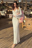 Textured Crochet V Neck Flare Sleeve Slim Fit Cover Ups Maxi Dresses-White