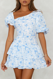 Asymmetric Neckline Puff Sleeve Floral Print Mini Dresses-Blue