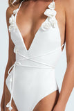 3D Flower Decor Deep V Neck Tie Up One-Piece Swimsuit-White