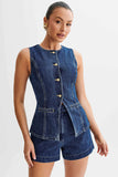 Button Up Slit Tank Top High Waist Shorts Denim Matching Set-Blue