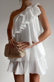 One Shoulder Sleeveless Layered Ruffle Mini Dresses-White Pre Order