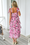 Floral Print Tie Up Cami Tiered Ruffled Hem Midi Dresses-Pink