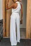 Sleeveless Turndown Collar Wide Leg Plain Jumpsuit-Khaki