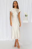 Satin Boat Neck Short Sleeve Backless Twisted Slit Flowy Bridesmaid Midi Dress