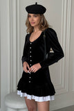 Long Sleeve U Neck Button Up Layered Trim A-Line Velvet Mini Dresses-Black