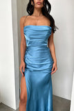 Ruched Strapless Boat Neck Bodycon High Slit Gowns Maxi Dresses