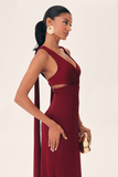 Deep V Neck Streamer Backless Gowns Maxi Tank Dresses-Burgundy