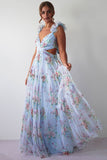 Frill Straps Cutout Tie Up Floral Print Tulle Maxi Dresses-Blue Pre Order