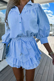 Striped Button Up 3/4 Lantern Sleeve Blouse Ruffled Mini Skirt Matching Set-Blue