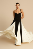 Colorblock Patchwork A-Line Flowy Slip Maxi Dresses-Black