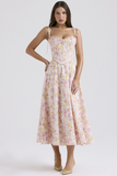 Floral Print Cami Corset A-Line Midi Dresses-Pink