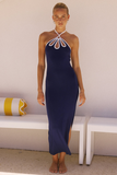 Cutout Colorblock Halter Slim Fit Slit Side Midi Dresses-Navy