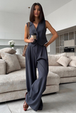 V Neck Waistcoat Plain Wide Leg Pants Matching Set-SlateGray