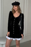 Long Sleeve U Neck Button Up Layered Trim A-Line Velvet Mini Dresses-Black