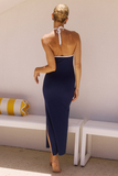 Cutout Colorblock Halter Slim Fit Slit Side Midi Dresses-Navy