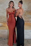 Lace Up Backless Satin Spaghetti Strap Evening Party Maxi Dresses