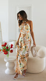 Floral Print Halter Backless Flowy Vacation Maxi Dresses