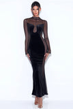 Velvet Mesh Patchwork Long Sleeve Gown Maxi Dresses