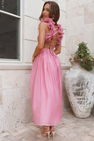 Deep V Neck Petal Decor Lace Up Backless A-Line Midi Dresses-Pink