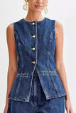 Button Up Slit Tank Top High Waist Shorts Denim Matching Set-Blue