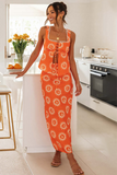 Abstract Pattern Square Neck Tie Up Tank Top Slit Maxi Skirt Matching Set-Orange