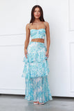 Ruched Sweetheart Neck Sleeveless Crop Top Ruffled Trim Maxi Skirt Pattern Print Matching Set