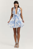 Allover Print Halter Backless Cinch Waist Mini Dresses-Blue Pre Order